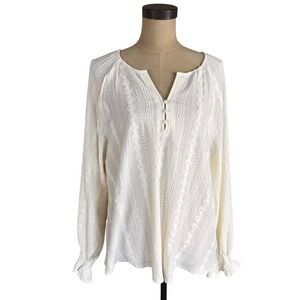 Frye Womens XXL White Eyelet Diamond Textured Blouse Split Neck Ruffle Cuff Top